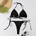 2025 New Women's Solid-color Separate Beach Wear Sexy Halter Three-point - Image 3