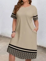 Plus-size women's short-sleeved round-neck pocket dress - Image 3