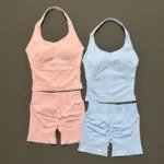 2 Pieces Shorts Yoga Set Women Backless Halter Tops High Waist Seamless Shorts Gym Suit - Image 6
