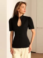 Stand Collar Single Breasted Women Blazer Fashion Solid Short Sleeve