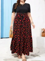 Plus size summer round neck dress with puff sleeves, short sleeves, ruffled hem, slim waist