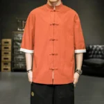 Japanese Style Shirt Men's Summer Chinese Stand Up Collar Yukata Kimono Samurai Wear - Image 2