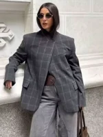 HH Women Fashion Plaid Blazer Coat Stand Collar Long Sleeve Jacket - Image 3