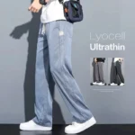 Summer Soft Lyocell Fabric Men's Jeans Thin Loose Straight Pants Drawstring Elastic Waist