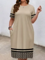 Plus-size women's short-sleeved round-neck pocket dress - Image 4