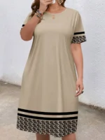 Plus-size women's short-sleeved round-neck pocket dress - Image 2