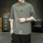 Japanese Style Shirt Men's Summer Chinese Stand Up Collar Yukata Kimono Samurai Wear - Image 3