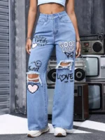 Women's High Waist Button Up Butterfly Print Jeans Fashion - Image 2