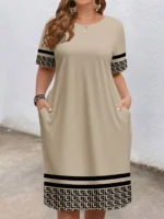 Plus-size women's short-sleeved round-neck pocket dress
