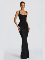 Yellow Strapless Pleated Dress Women Elegant Sexy Sleeveless Waist Cinching Split Maxi Gowns - Image 6