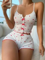 Sexy Heart Print Pajama Set for Women Sleepwear Silk Stain V-Neck - Image 2