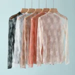 Sexy Women Mesh T-Shirts Transparent Lace Blouse Long Sleeve